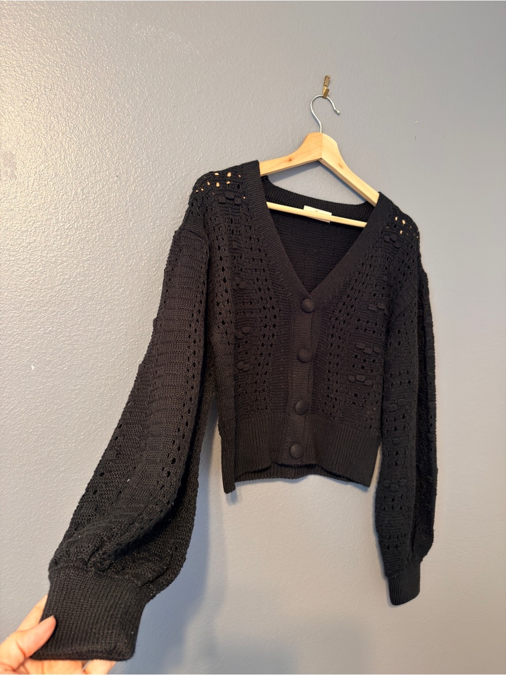 Amirah Black Crochet Button Cardigan Balloon Sleeves Dark Romantic Goth Small
